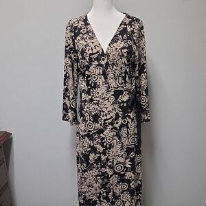 LOFT Floral Long Sleeve Dress in Black and Cream
